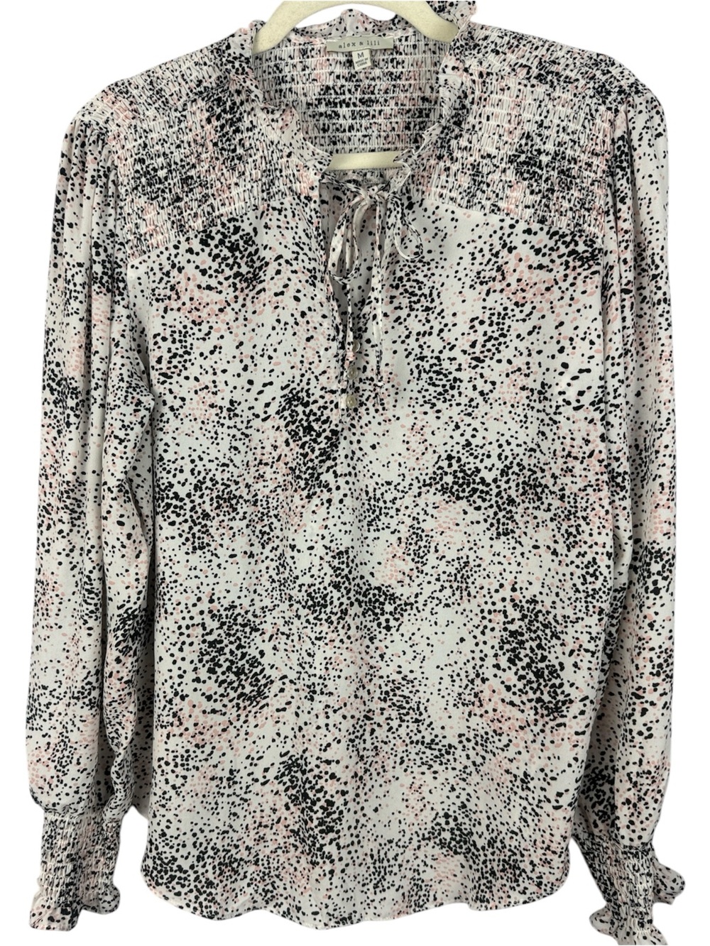 alex & lili Pink Black Abstract Dot Speckled Smocked Cuff Long Sleeve Top Size M